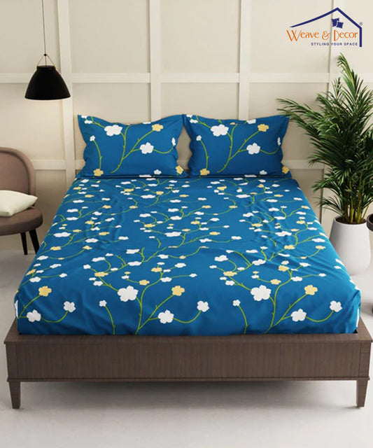 Blue Floral King Size Bedsheet With 2 Pillow Cover