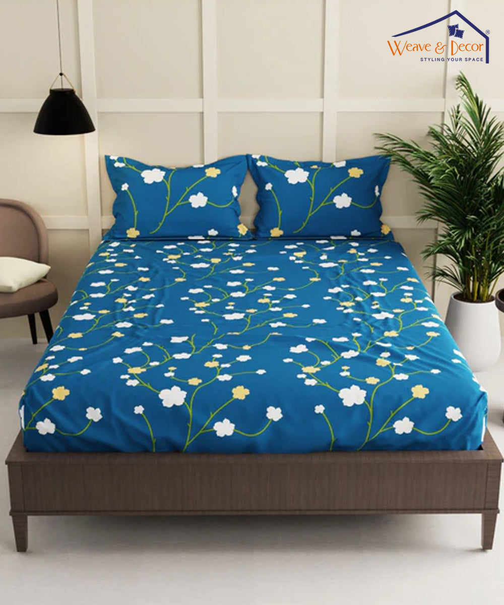 Blue Floral Double Bedsheet With 2 Pillow Cover
