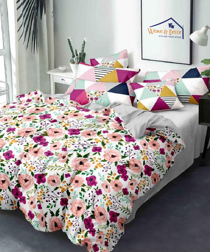 Multi Color Floral Double Bedsheet With 2 Pillow Covers