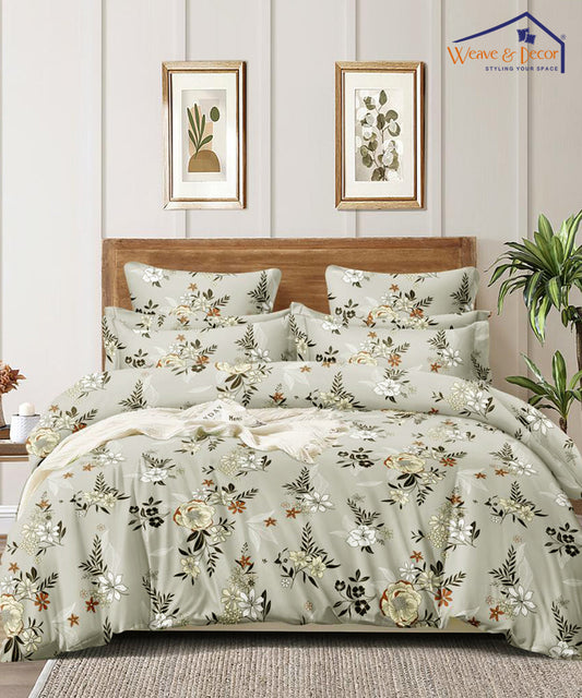 Grey Floral King Fitted Bedsheet With 2 Pillow Covers