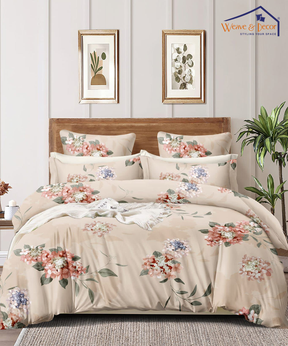 Beige Floral Queen Fitted Bedsheet With 2 Pillow Covers
