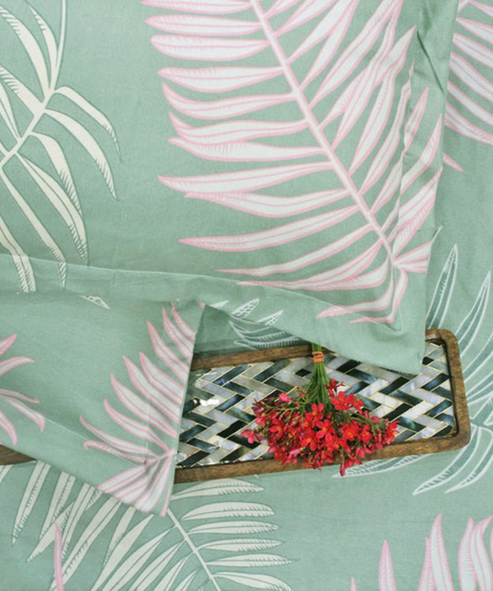 Green Leaves Fitted Bedsheet With Pillow Cover