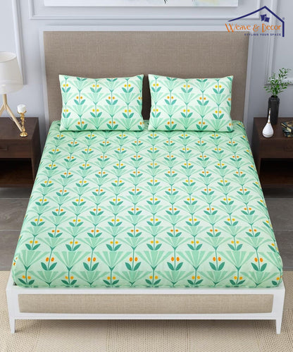 Green Floral Super King Fitted Bedsheet With 2 Pillow Covers