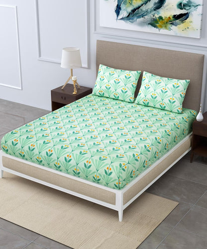 Green Floral Queen Fitted Bedsheet With 2 Pillow Covers