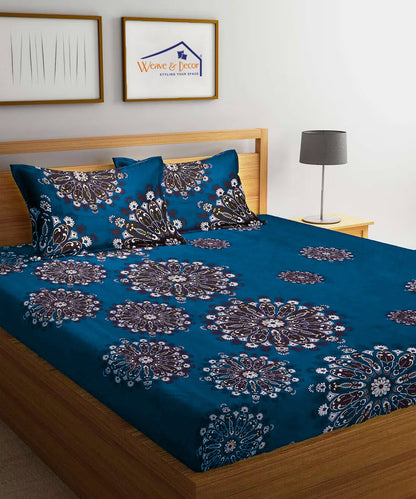 Deep Blue Floral Fitted Bedsheet With Pillow Cover
