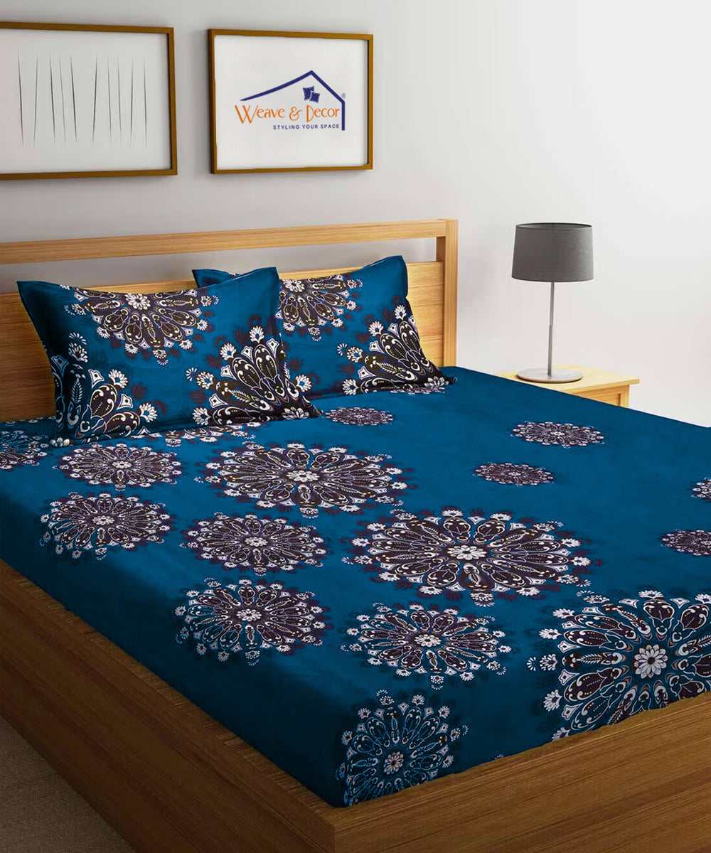 Deep Blue Floral Queen Fitted Bedsheet With 2 Pillow Covers
