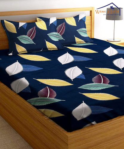 Blue Leaves Super King Fitted Bedsheet With 2 Pillow Covers
