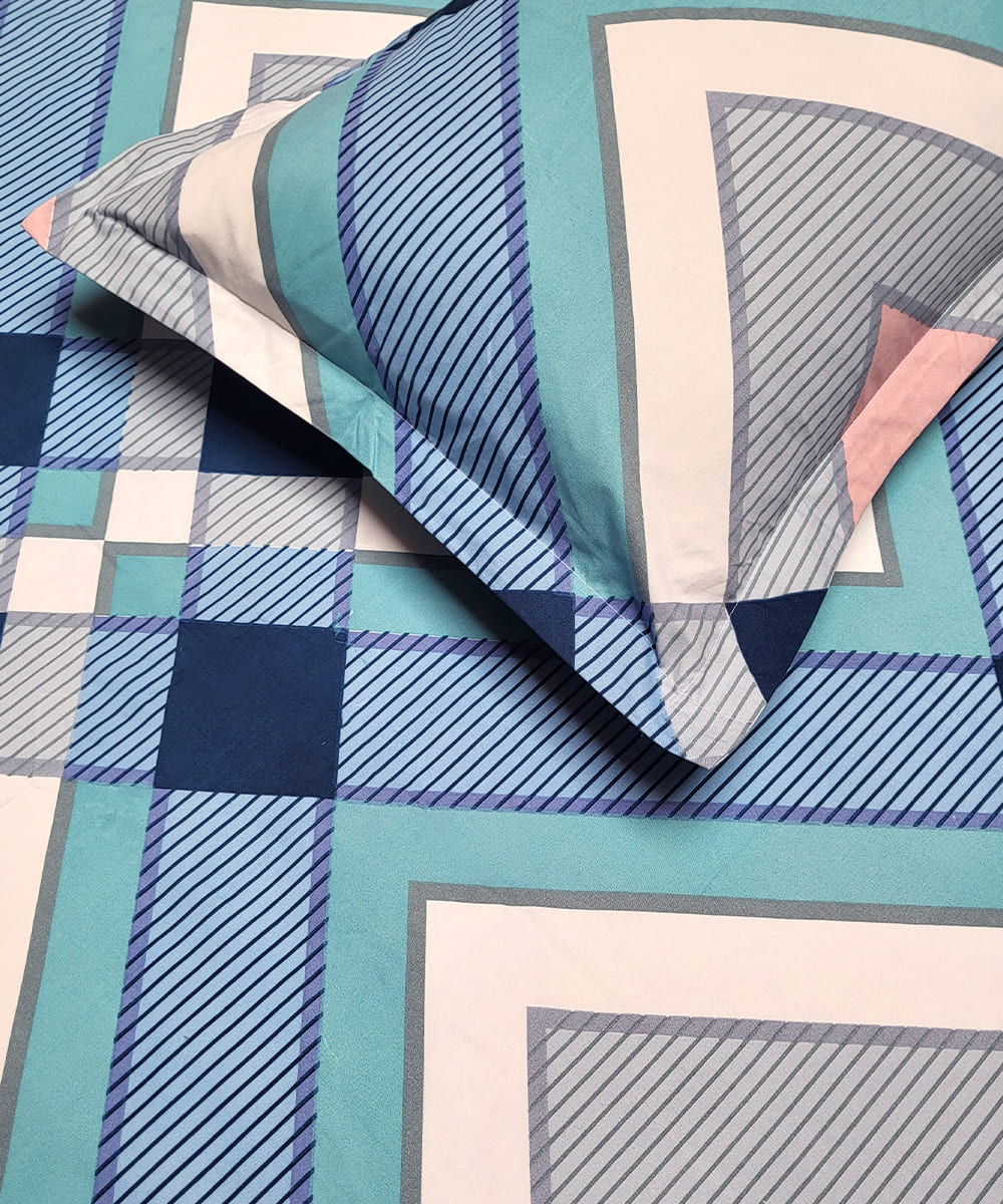 Aqua Geometric Single Fitted Bedsheet With 1 Pillow Cover