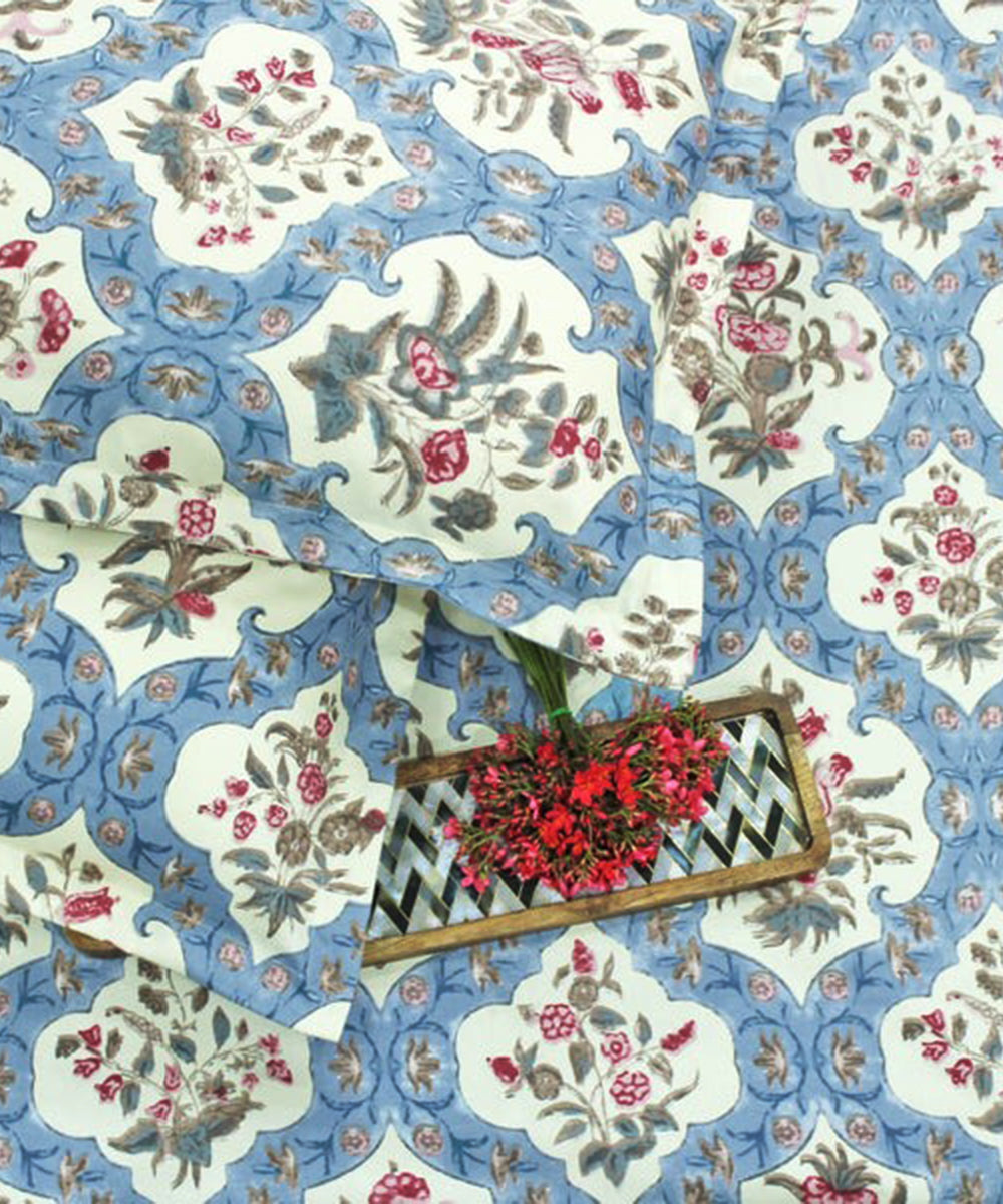 Blue Ethnic Single Fitted Bedsheet With 1 Pillow Cover