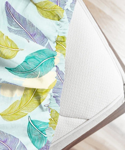 Pale  Turquoise Leafy Pattern Super King Fitted Bedsheet With 2 Pillow Covers