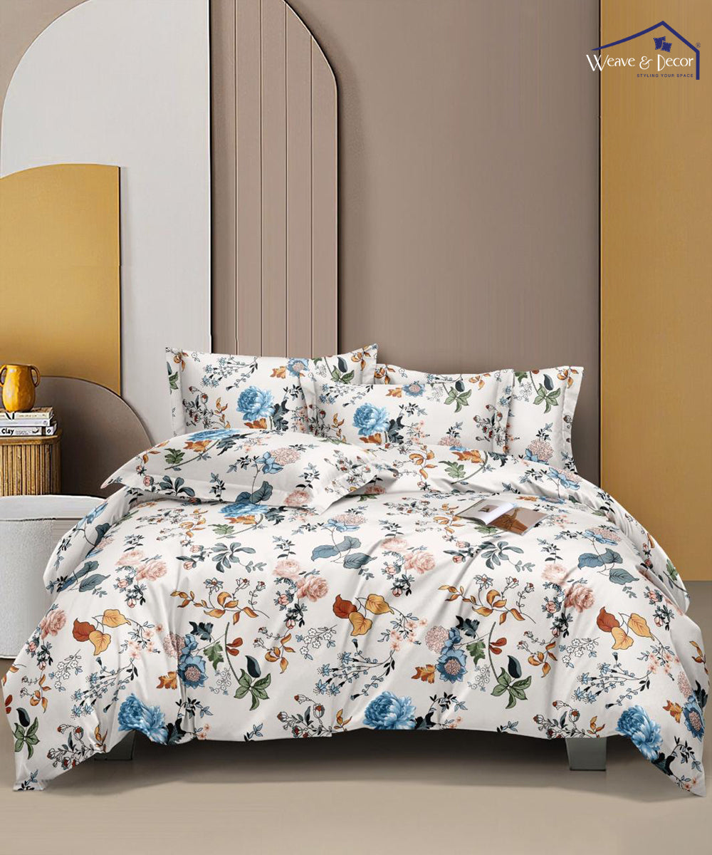 Ivory Floral Symphony  Single Fitted Bedsheet With 1 Pillow Cover