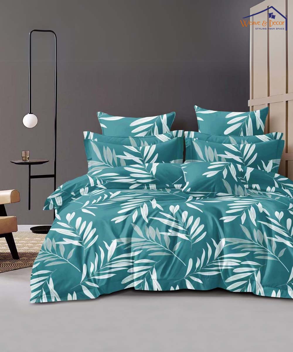 Emerald Leaves   Super King Fitted Bedsheet With 2 Pillow Covers