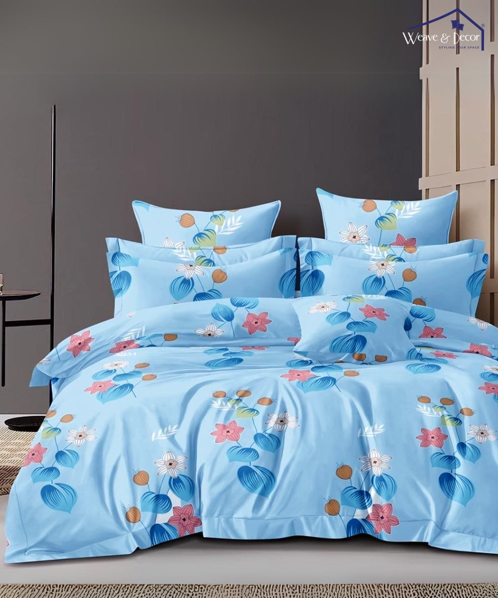Sky Petal Breeze   Queen Fitted Bedsheet With 2 Pillow Covers