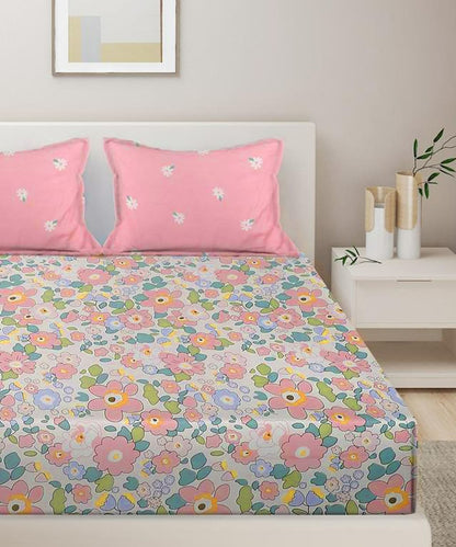 Pink Floral King Size Bedsheet With 2 Pillow Covers