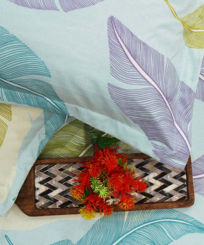 Pale  Turquoise Leafy Pattern King Size Bedsheet With 2 Pillow Cover