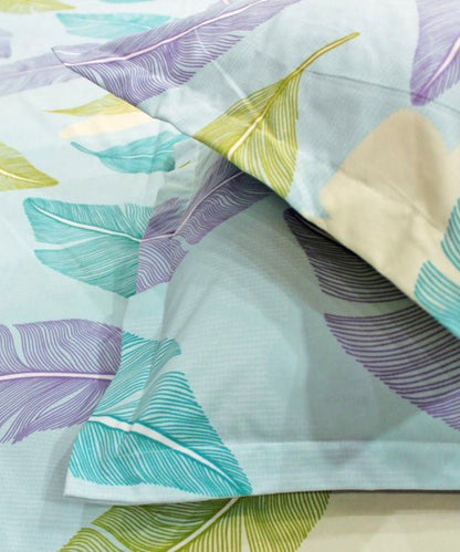 Pale  Turquoise Leafy Pattern King Size Bedsheet With 2 Pillow Cover