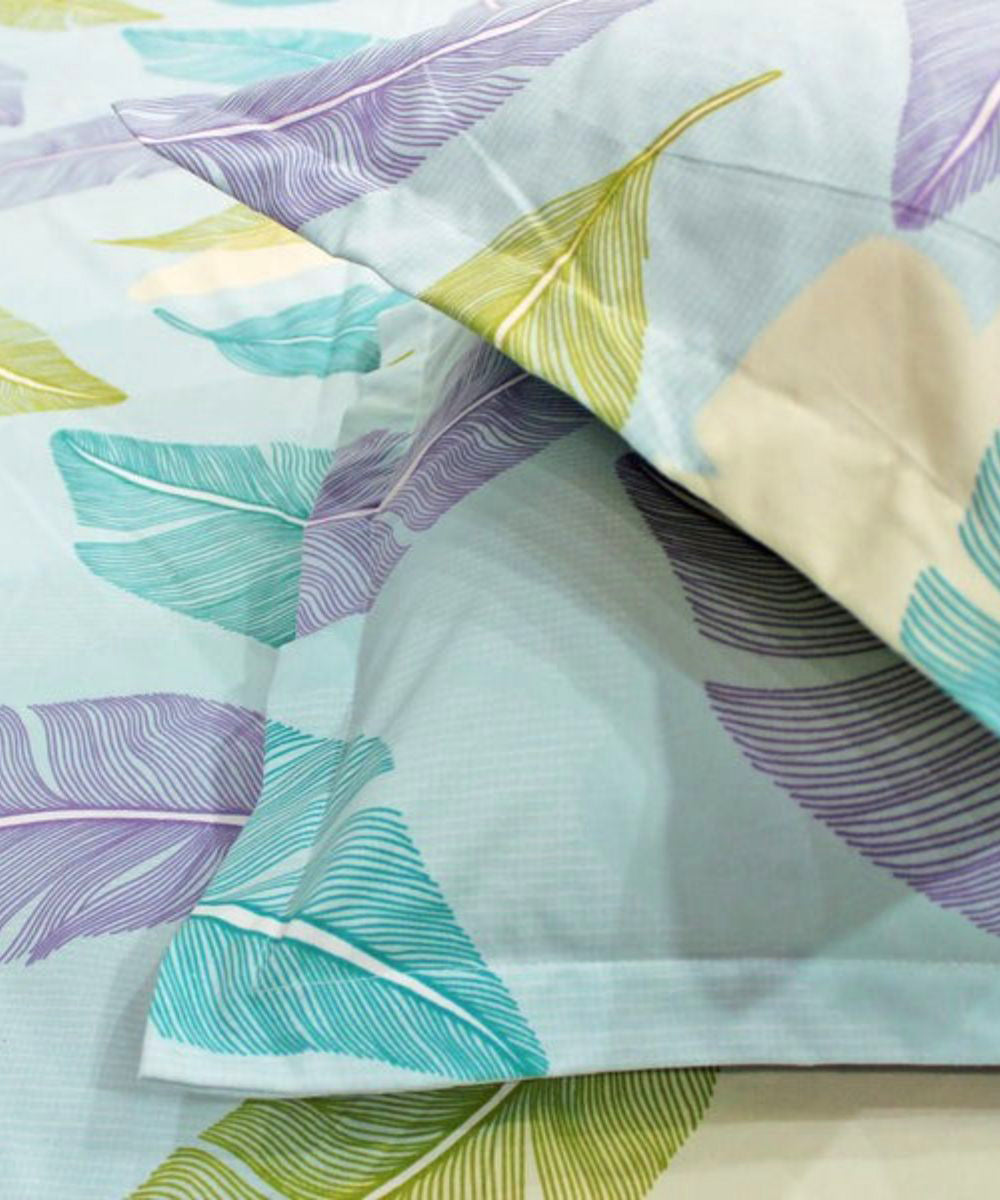 Pale Turquoise Leafy Pattern King Fitted Bedsheet With 2 Pillow Covers