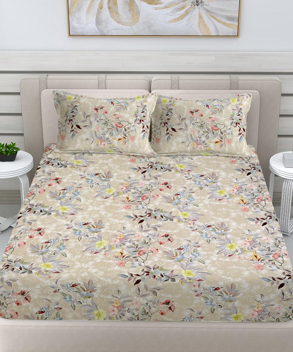 Blossom Beige Delight King Fitted Bedsheet With 2 Pillow Covers