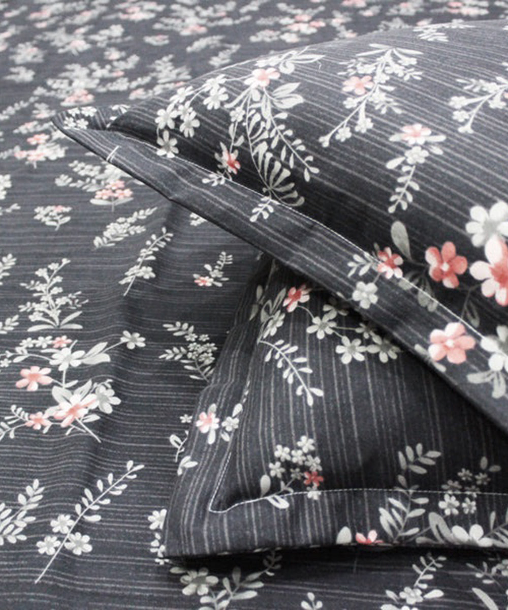 Charcoal Blossom  Queen Fitted Bedsheet With 2 Pillow Covers