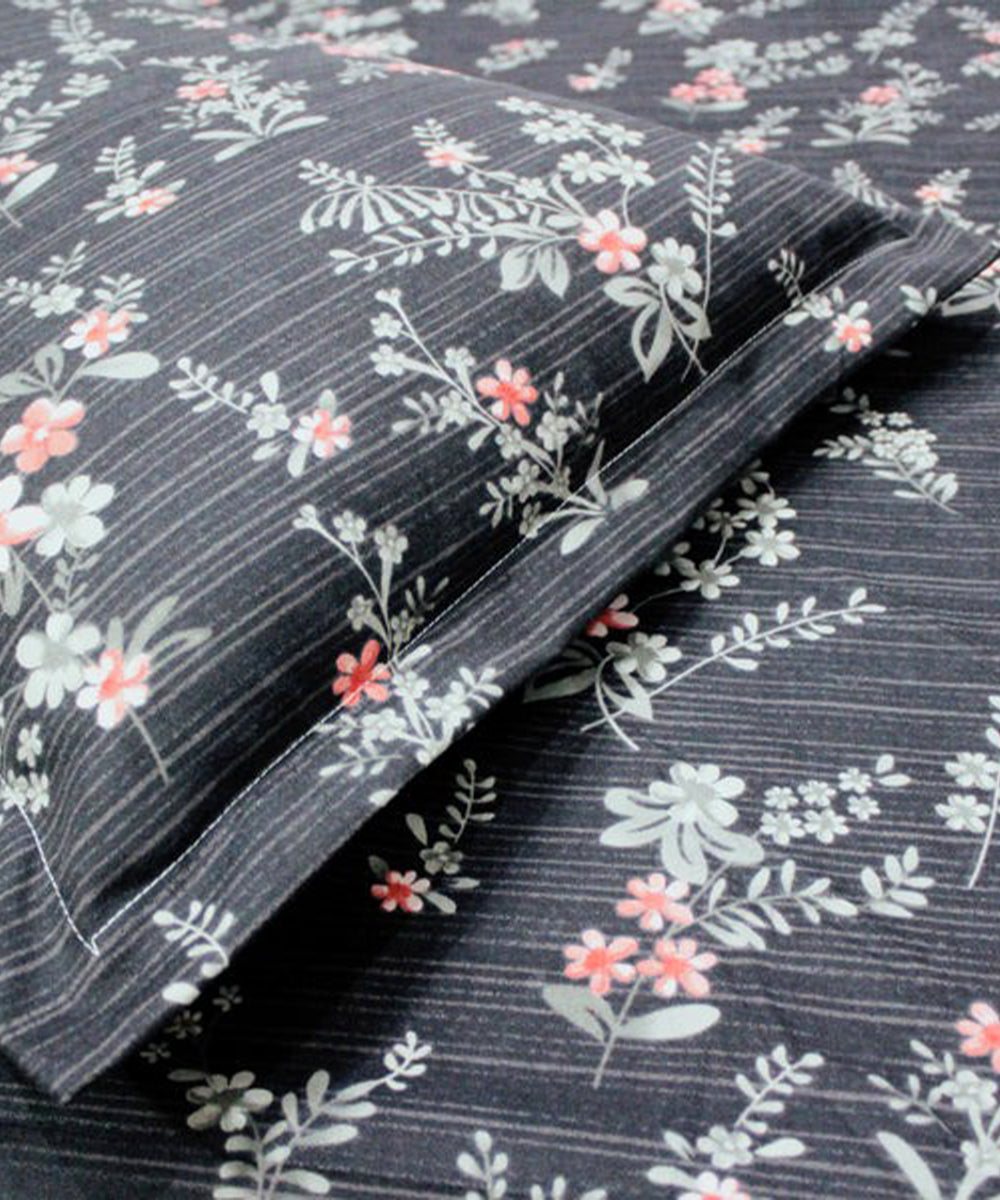 Charcoal Blossom King Fitted Bedsheet With 2 Pillow Covers
