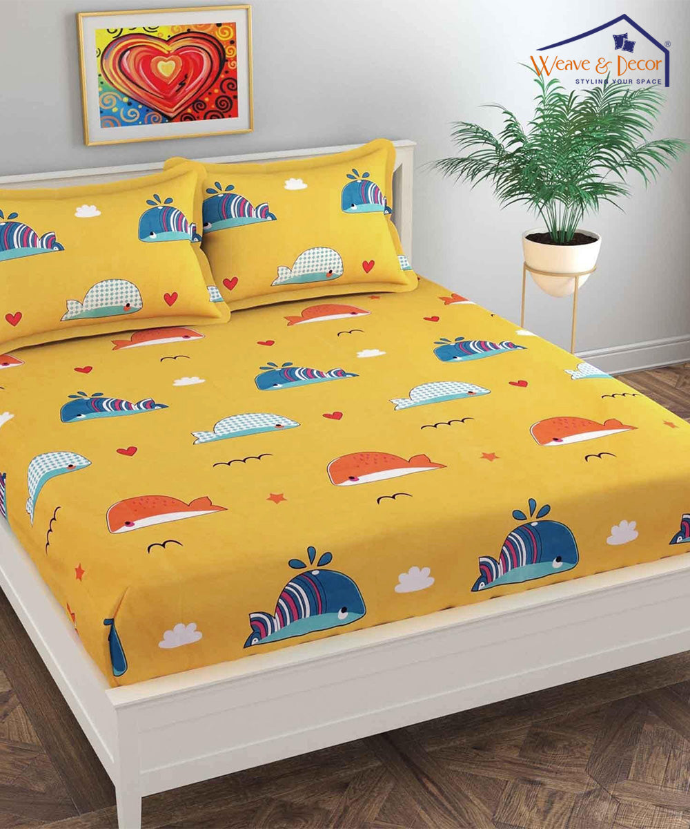 Cute Yellow Queen Fitted Bedsheet With 2 Pillow Covers