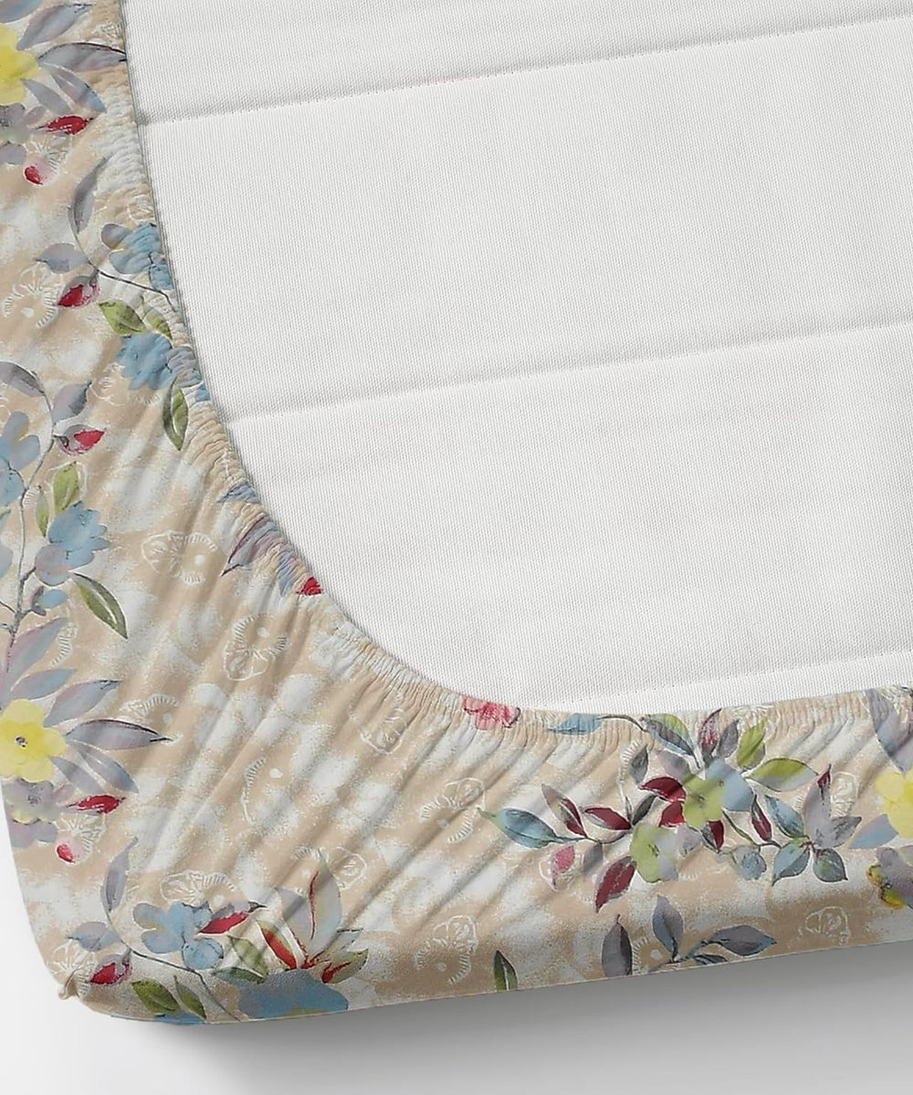 Blossom Beige Delight Single Fitted Bedsheet With 1 Pillow Cover