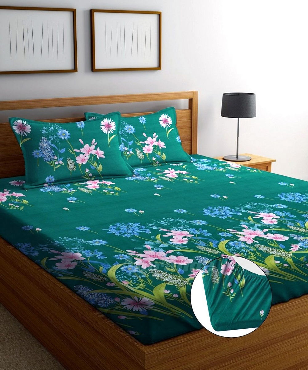Ever Green Floral Charm Queen Fitted Bedsheet With 2 Pillow Covers