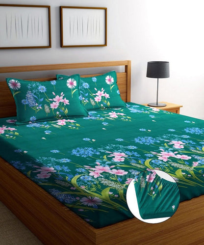 Ever Green Floral Charm Queen Fitted Bedsheet With 2 Pillow Covers