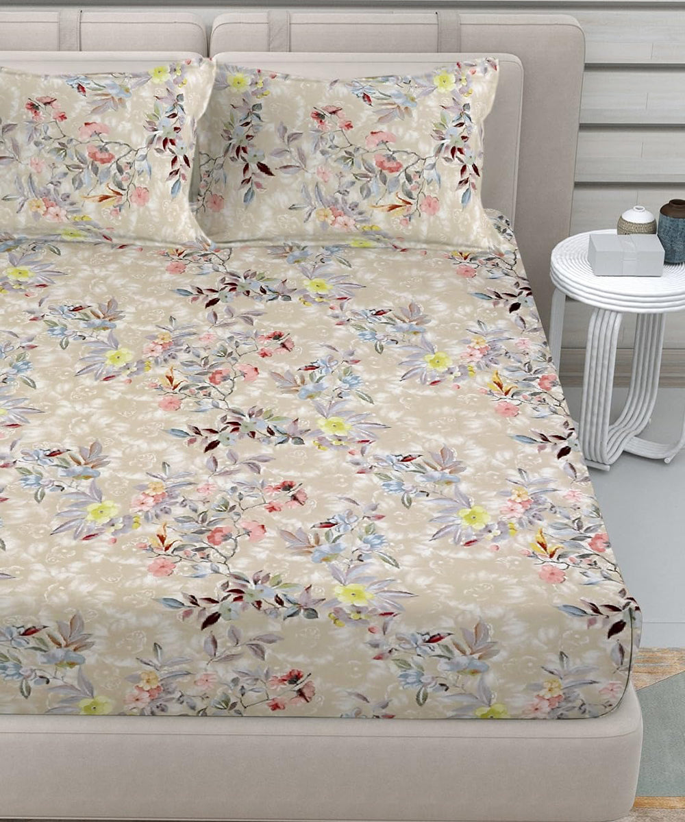Blossom Beige Delight King Fitted Bedsheet With 2 Pillow Covers