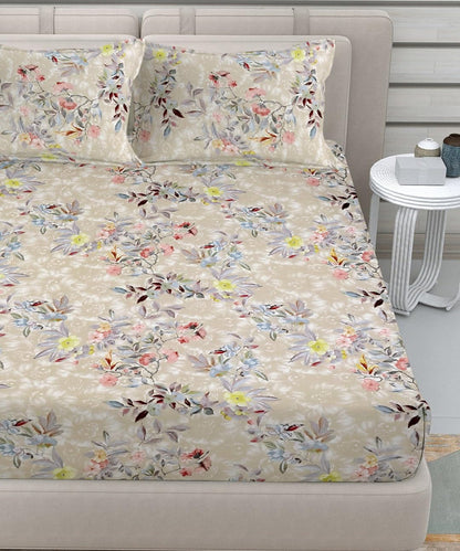 Blossom Beige Delight King Fitted Bedsheet With 2 Pillow Covers