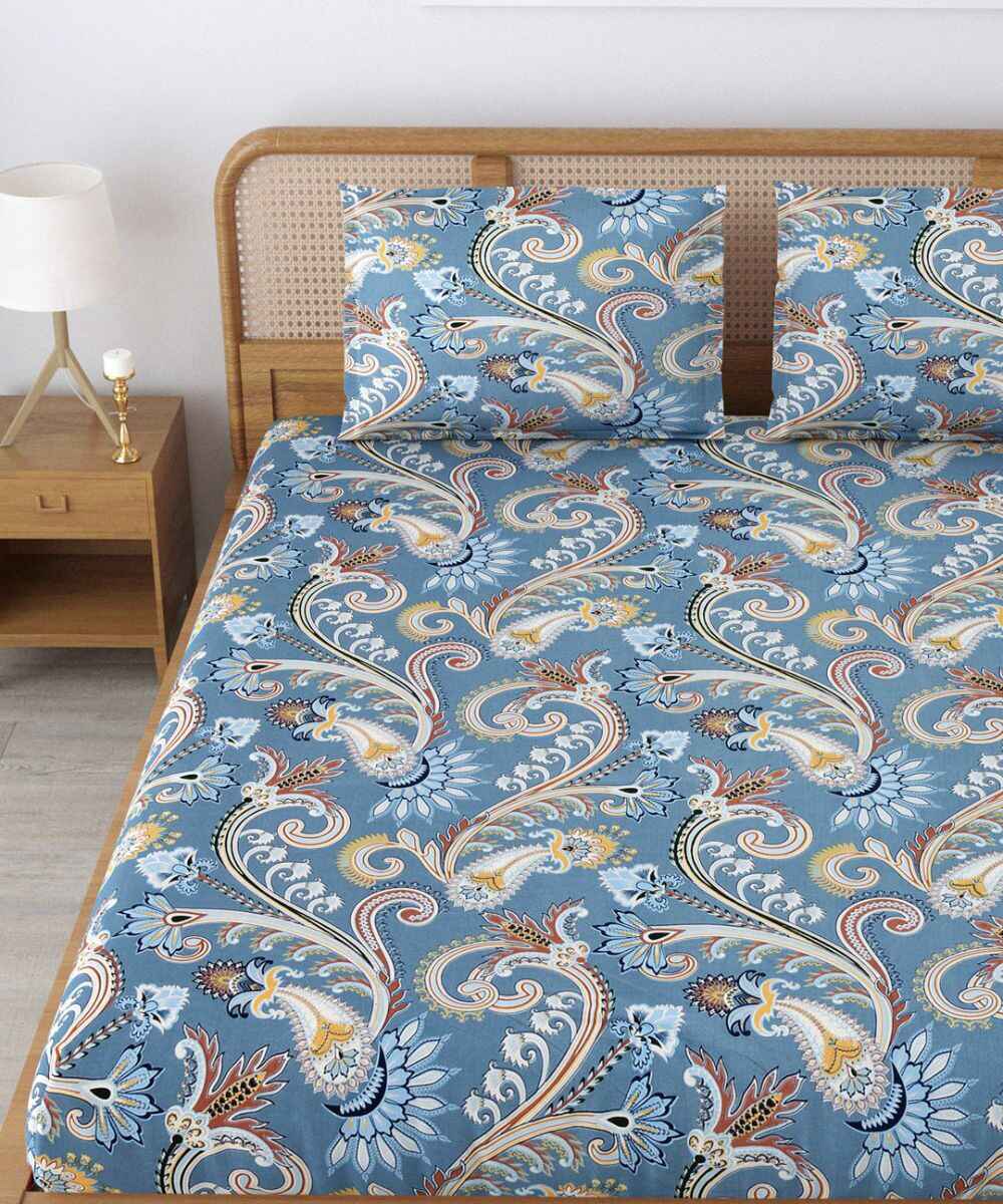 blue floral flat double bedsheet 