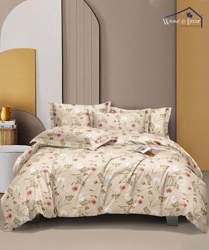 Cream Floral Single Fitted Bedsheet With 1 Pillow Cover