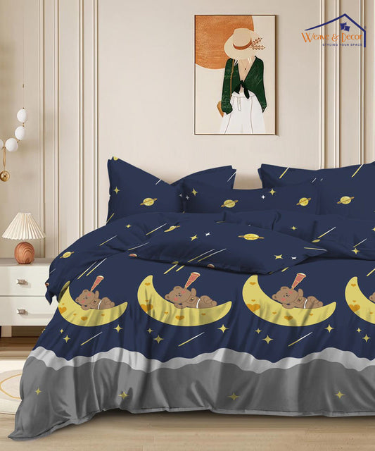 weave&décor  kids Blue Moon Comforter Set With Bedsheet- 4 Pc