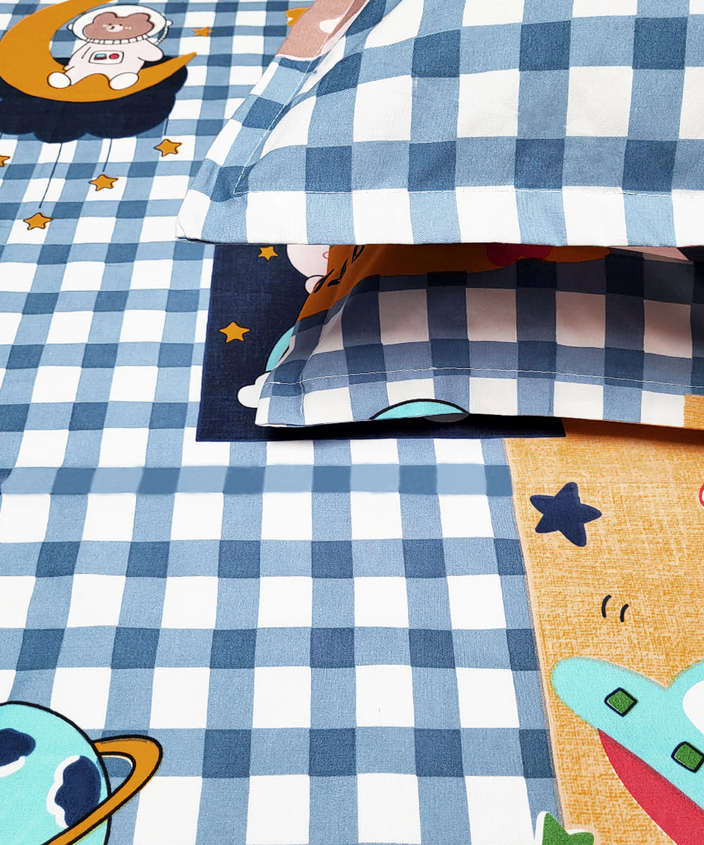 Galactic Bunny Kids Flat Double Bedsheet With 2 Pillow Cover