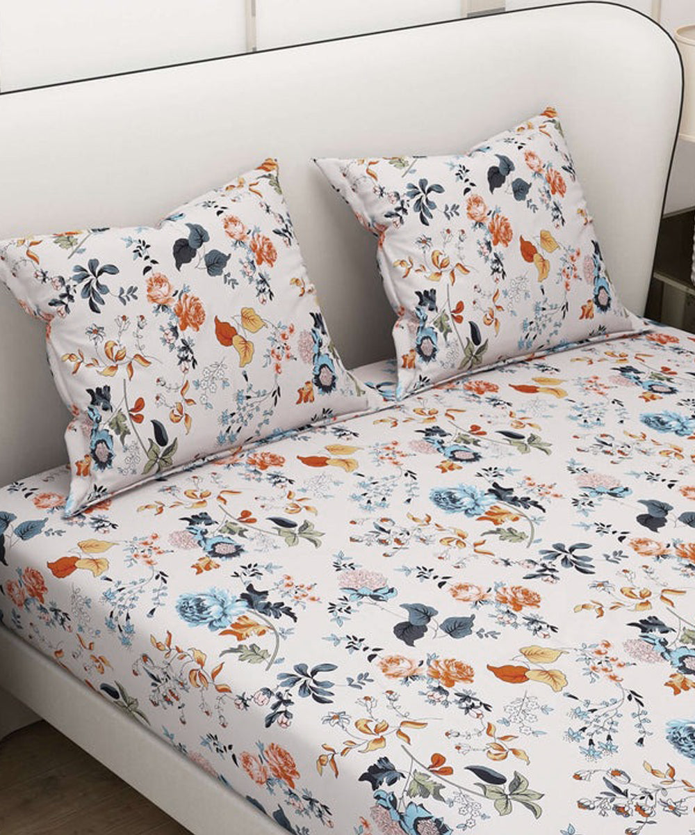 Ivory Floral Symphony King Fitted Bedsheet With 2 Pillow Covers