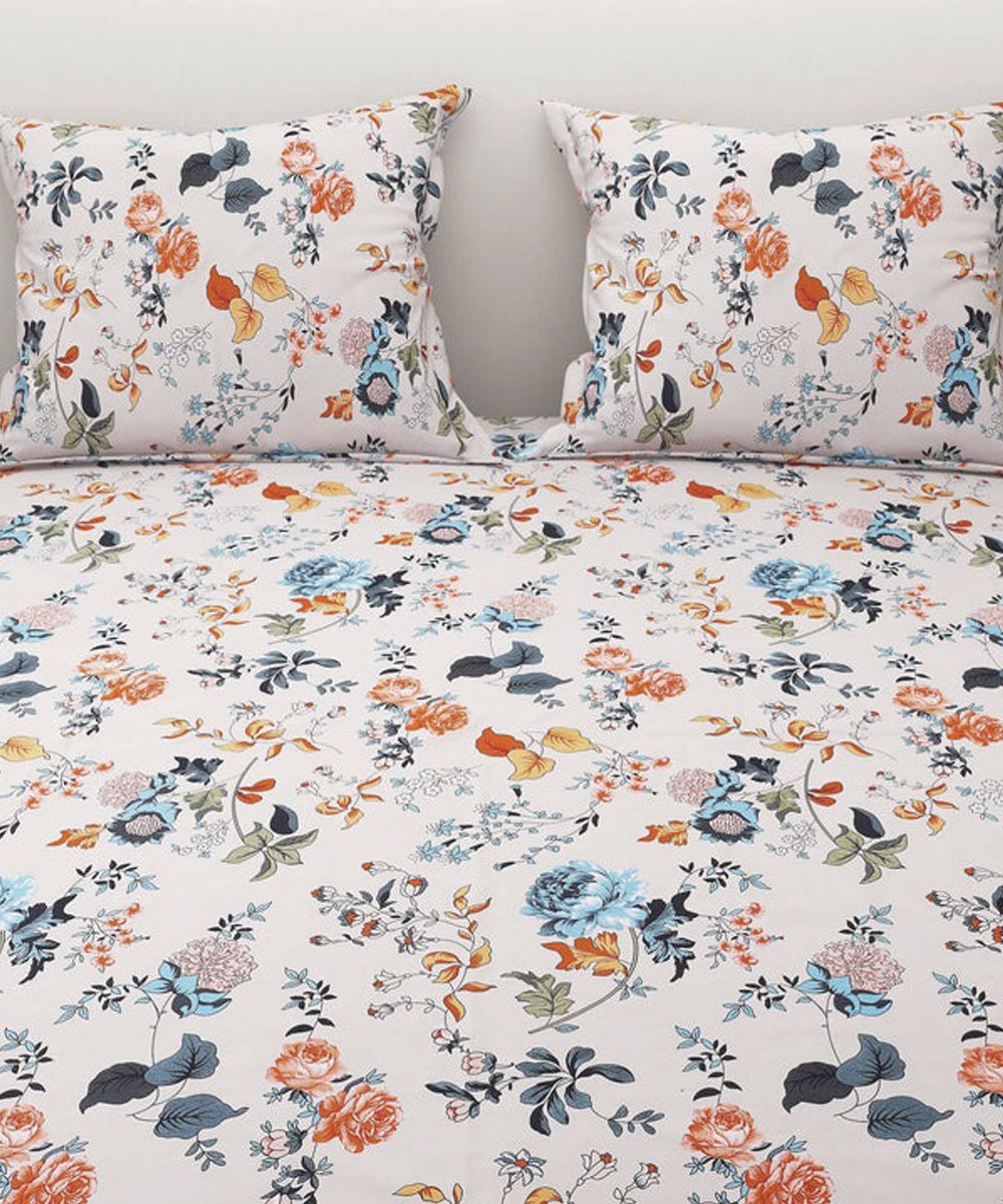 Ivory Floral Symphony Super King Fitted Bedsheet With 2 Pillow Covers
