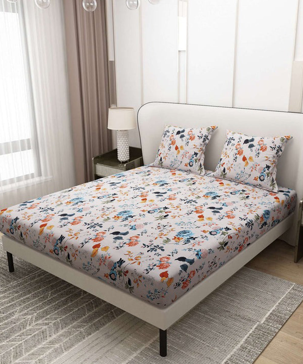 Ivory Floral Symphony Super King Fitted Bedsheet With 2 Pillow Covers