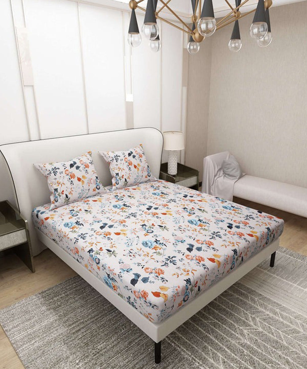 Ivory Floral Symphony Super King Fitted Bedsheet With 2 Pillow Covers