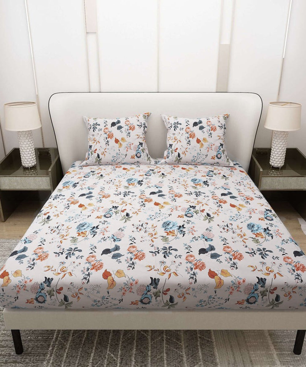 Ivory Floral Symphony Super King Fitted Bedsheet With 2 Pillow Covers