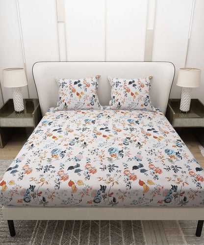 Ivory Floral Symphony Super King Fitted Bedsheet With 2 Pillow Covers